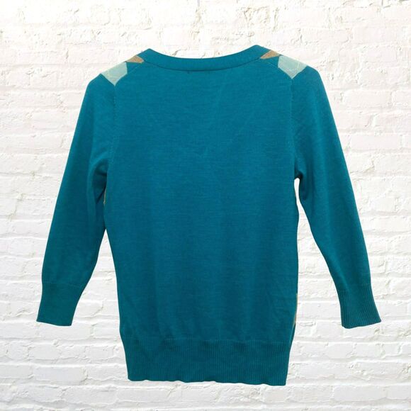 Talbots Sweater Size XS Argyle Merino Wool Teal Tie Neck Italian Preppy - Picture 3 of 16
